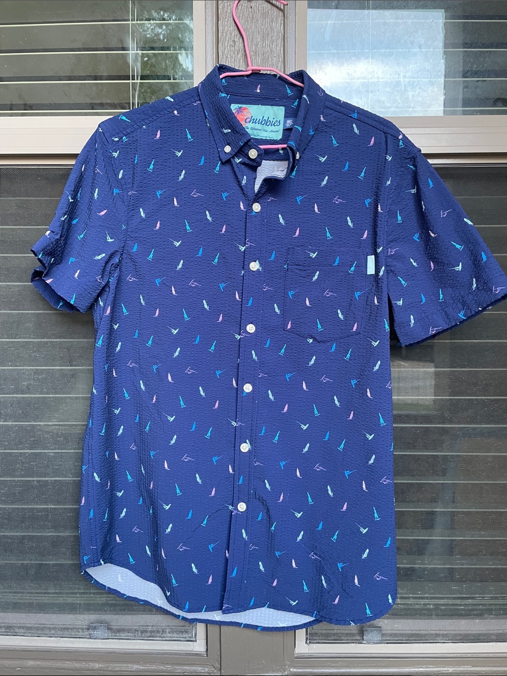Chubbies Men’s Shirt SMALL navy blue sailboats popover seersucker stretch